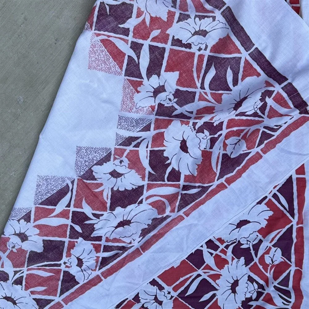 Vintage Tablecloth Tropical Flowers Purple Pink Farmhouse Square